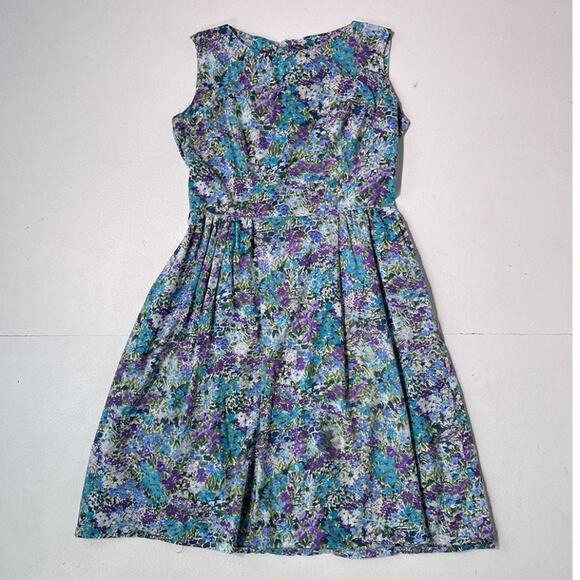 Vintage 60's Blue Floral Sleeveless Cotton Dress Sz L 32" w Retro Plus Talon - Picture 1 of 8